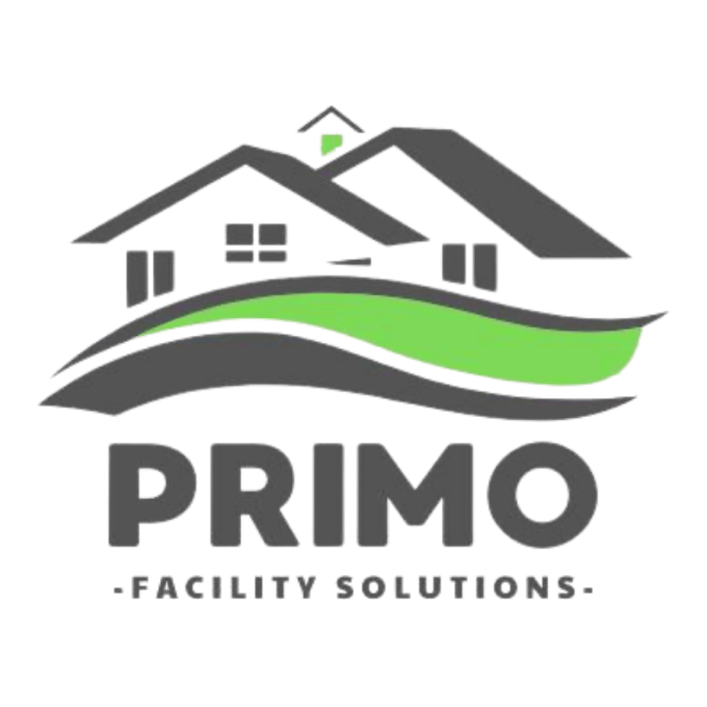 Logo von Primo Facility Solutions: Dunkelgraue Hauskontur mit grünen Wellen darunter und dem Text "PRIMO FACILITY SOLUTIONS".