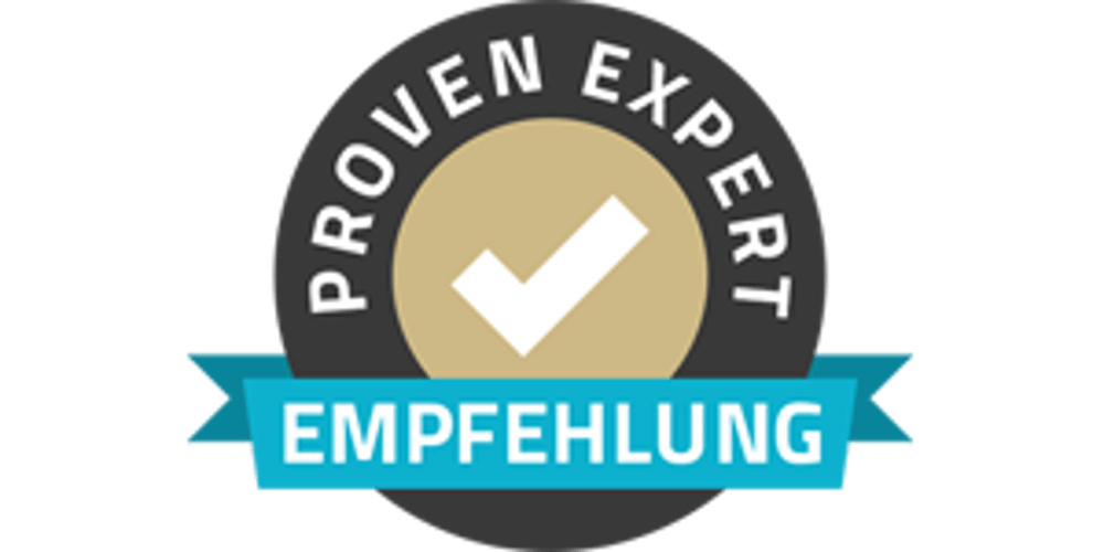 Rundes Siegel mit "PROVEN EXPERT" und Häkchen, darunter blaues Band mit "EMPFEHLUNG".