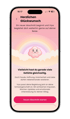 Viya App Screenshot mit Text „Herzlichen Glückwunsch“ und einer lächelnden Wolke vor einem Regenbogen auf rosa Hintergrund.