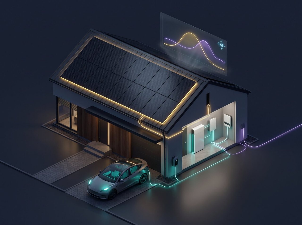 Energieflüsse zwischen Solardach, Speicher, Haus und E-Auto