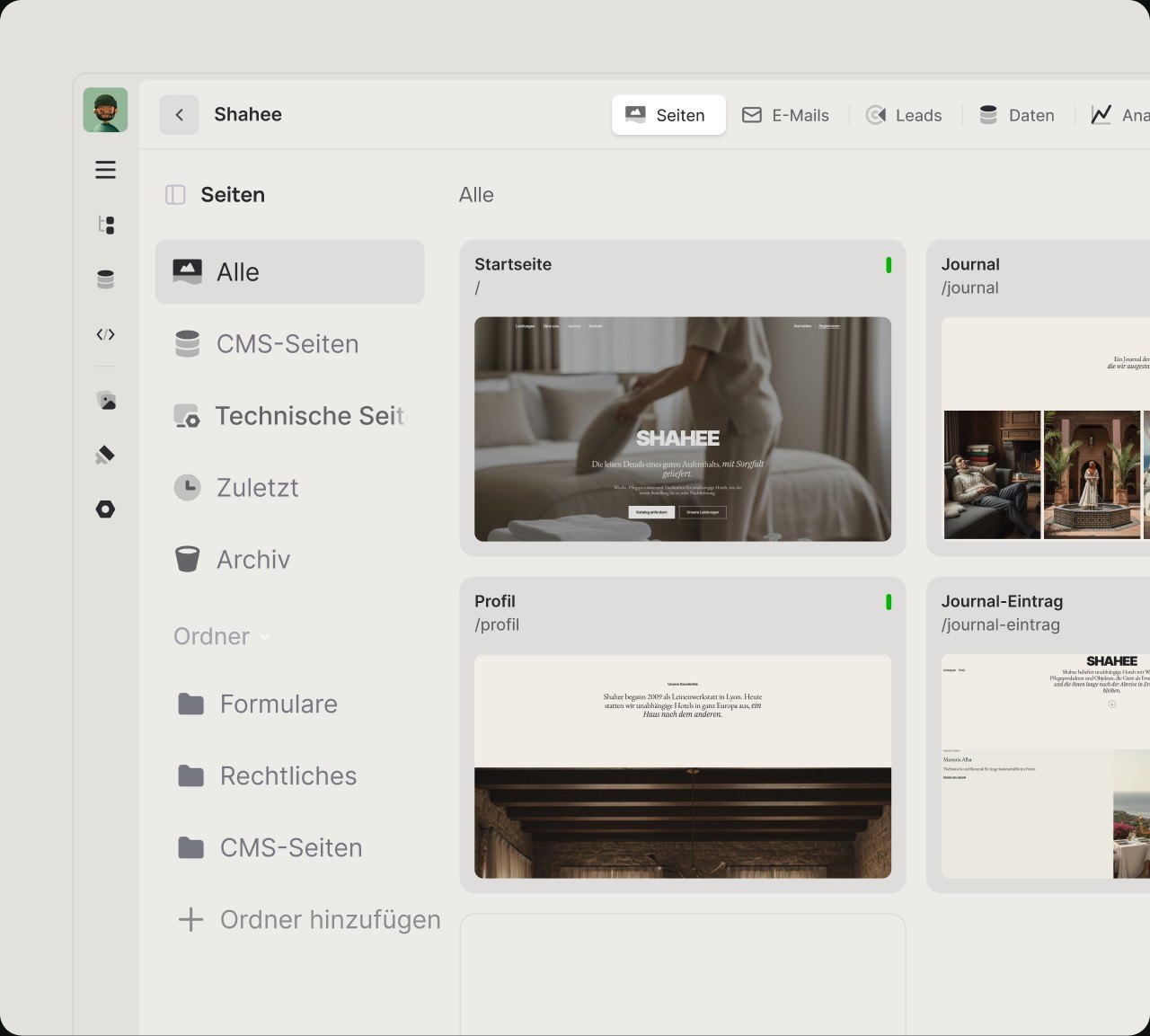 Die Seiten der Shahee-Website im Onepage-Editor