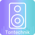 Violett-türkiser Farbverlauf mit weißer Lautsprecherkontur und Text "Tontechnik".