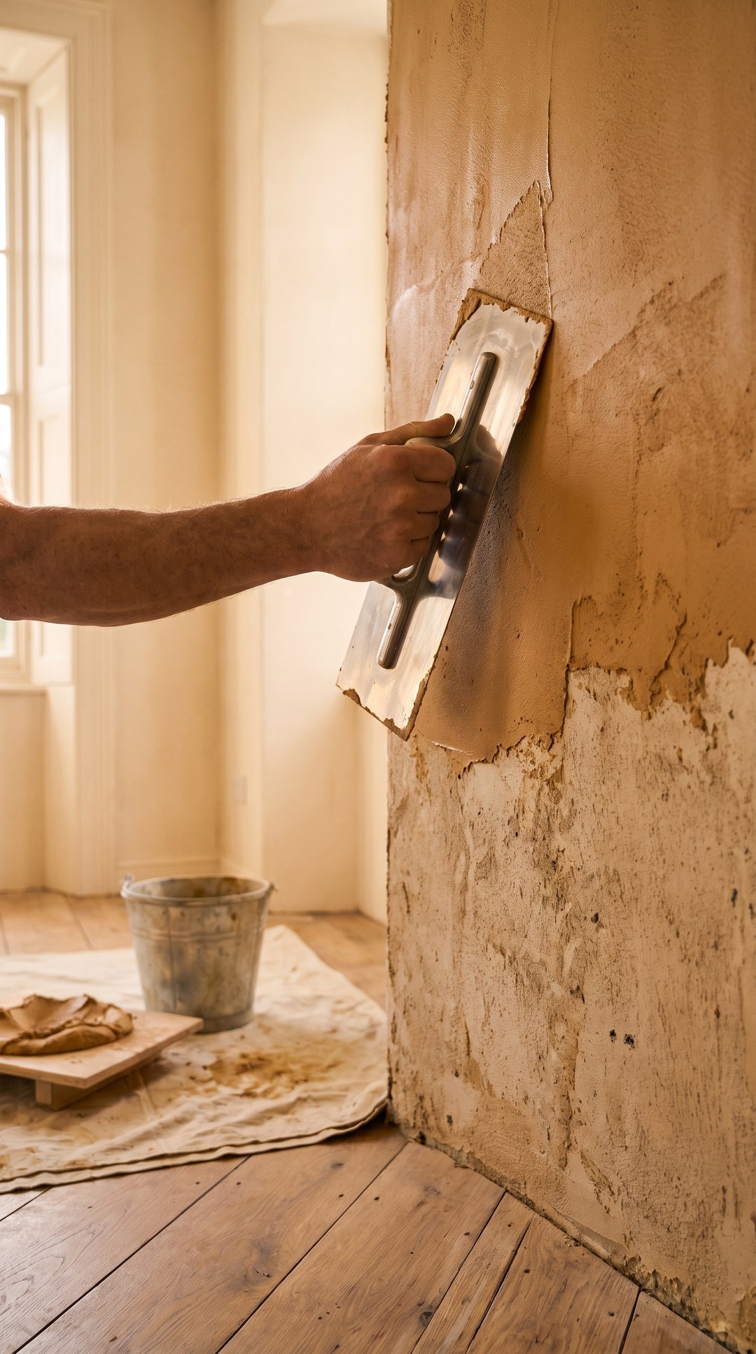 Handwerker zieht Lehmputz mit der Kelle an einer Innenwand auf