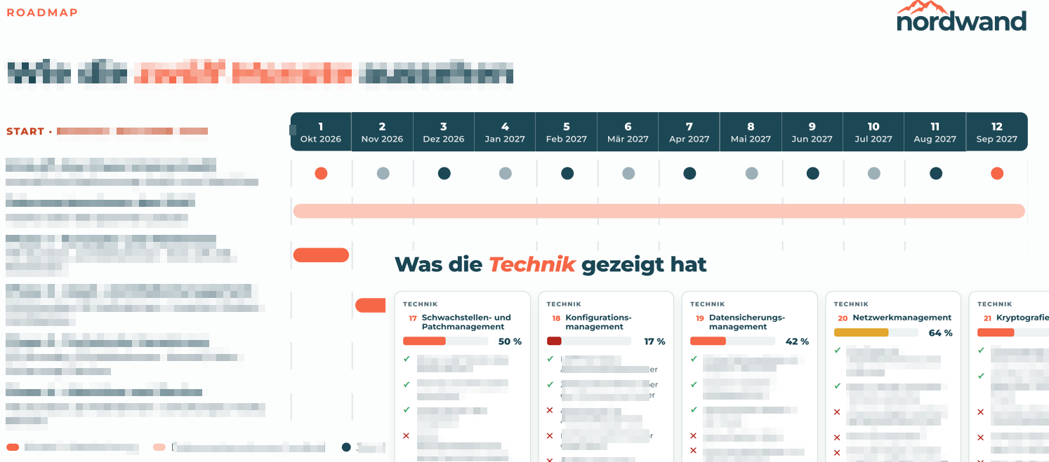 Anonymisierter Auszug mit Maßnahmenempfehlungen, Erfüllungsgrad je Prüfbereich und Detailseite zum Datensicherungsmanagement