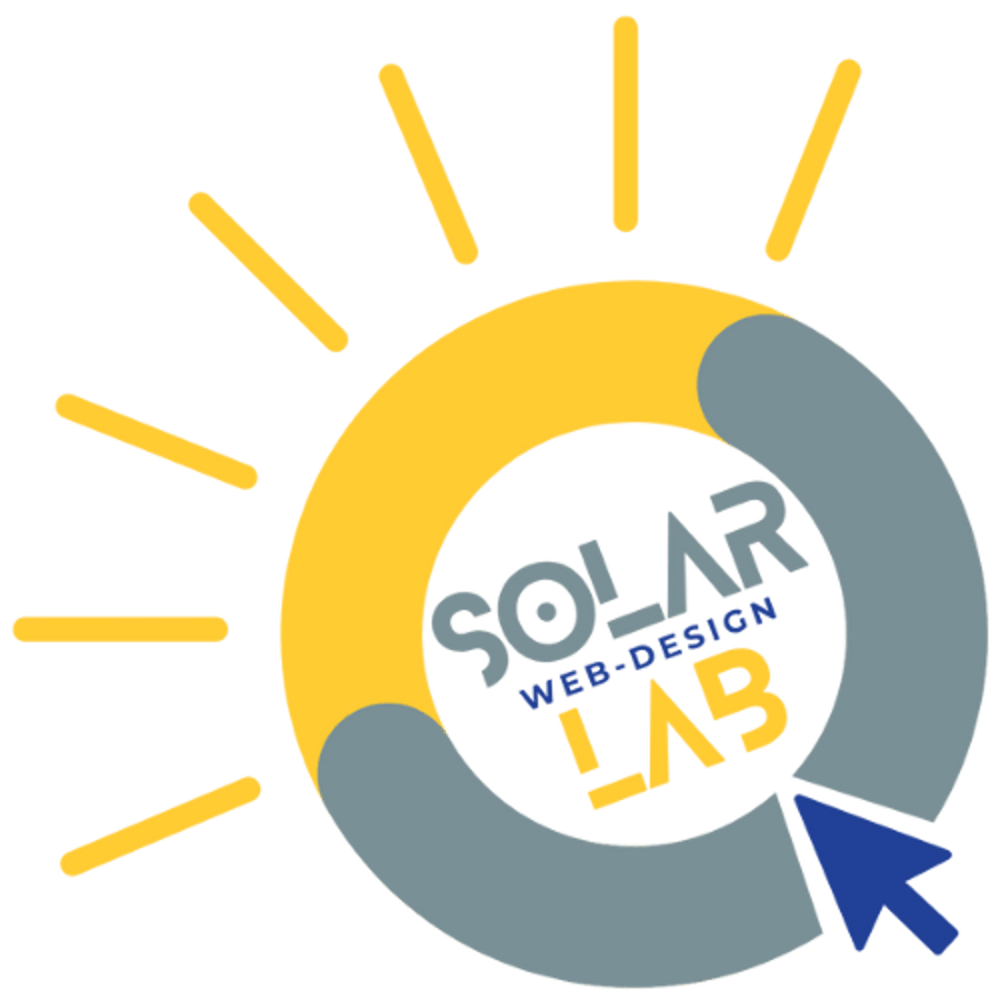 Logo: Gelbe Sonne mit Strahlen, umgeben von einem grauen Kreis, Text "SOLAR WEB-DESIGN LAB" und blauer Cursor.