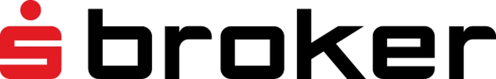 Logo: rotes Sparkassen-S-Symbol mit Punkt, gefolgt von schwarzem Text „broker“.