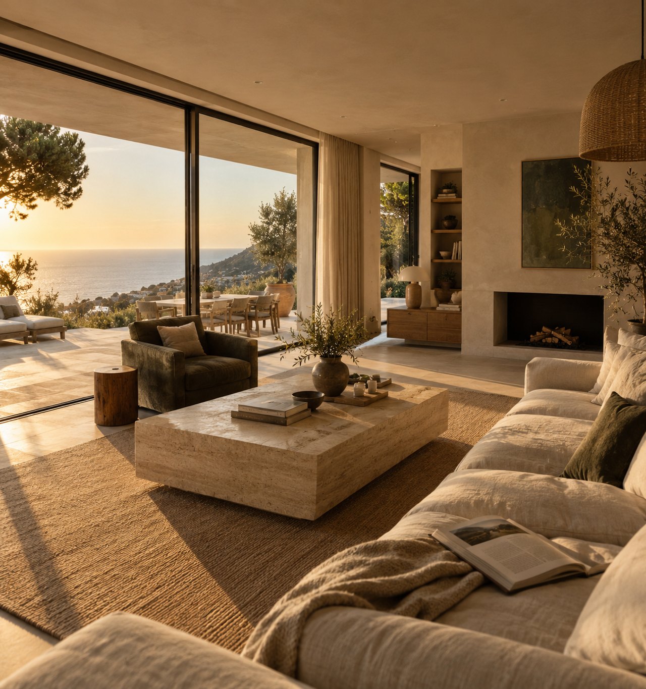 Living room with linen sofas, a stone coffee table and glass doors to the sea