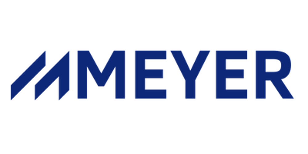 Blauer Meyer-Schriftzug mit zwei stilisierten blauen Balken links.