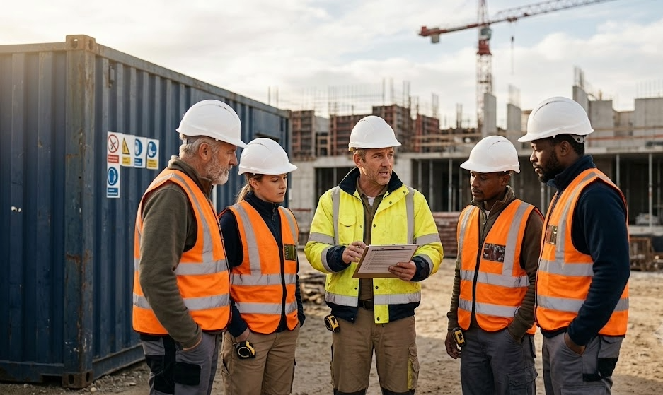 Polier leitet Toolbox Talk vor Schichtbeginn mit vier gewerblichen Kollegen.