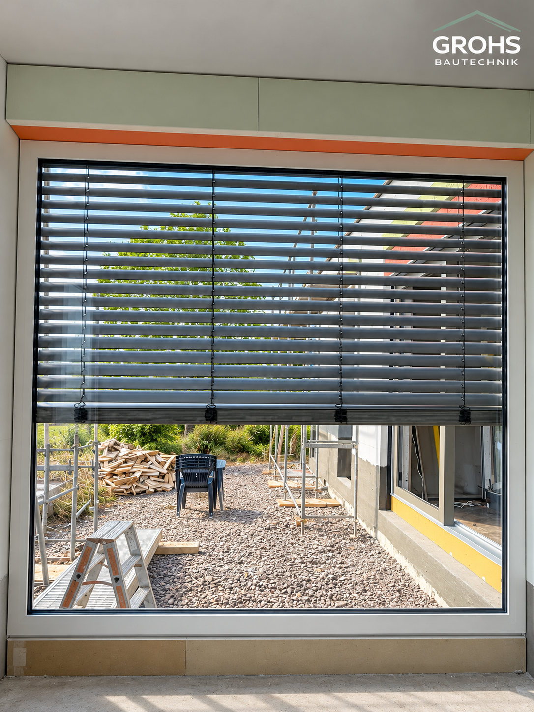 Raffstore-Sonnenschutz an einem modernen Wohnhaus