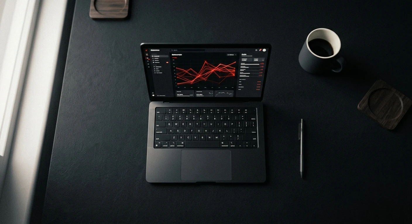 Overhead view of a dark minimalist desk with a laptop displaying a red line graph, alongside a coffee cup and pen