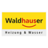 Waldhauser Heizung & Wasser Logo: Schwarze Schrift auf gelbem Hintergrund, roter Bogen unter dem Namen.
