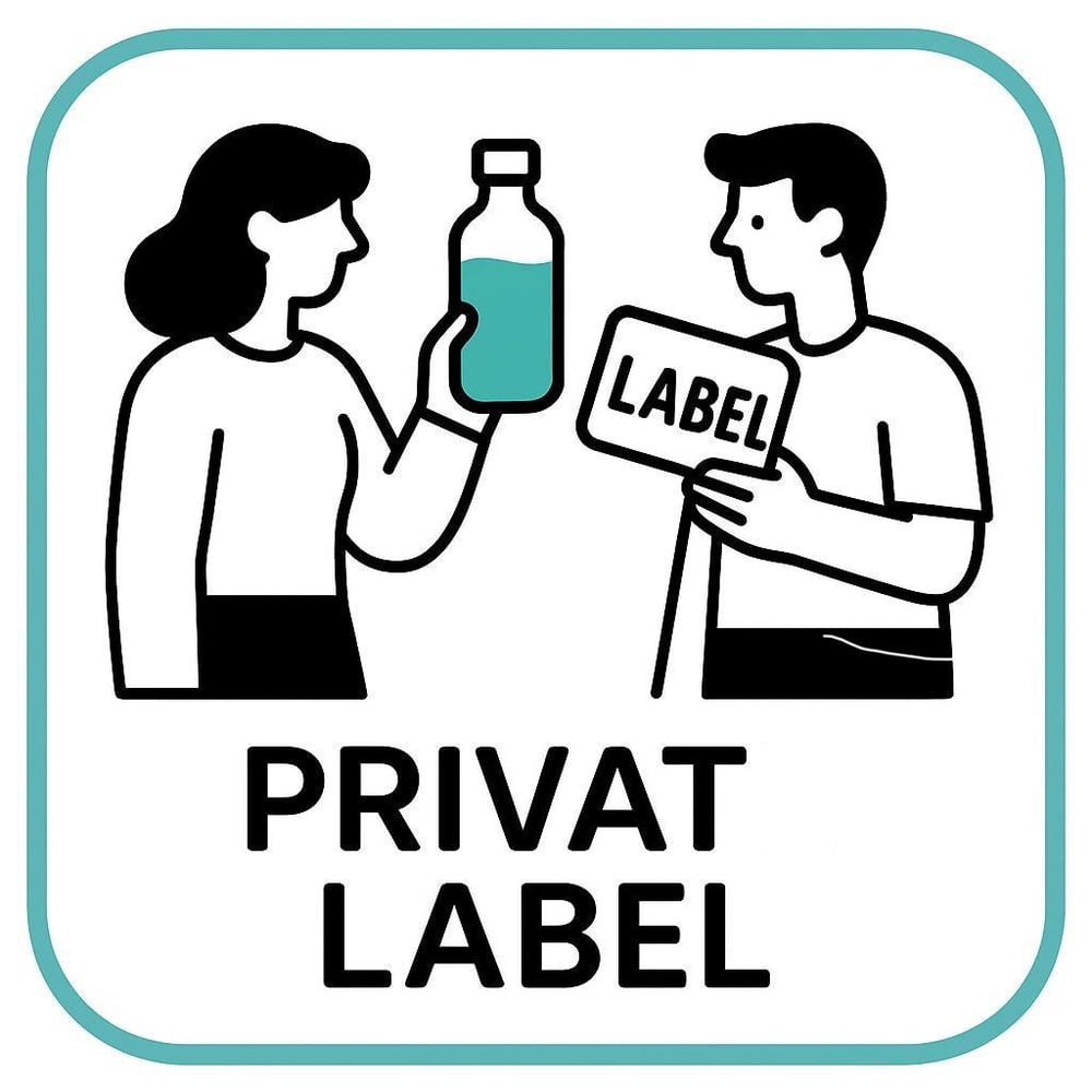 Frau hält Flasche, Mann hält Schild mit "LABEL", darunter "PRIVAT LABEL"