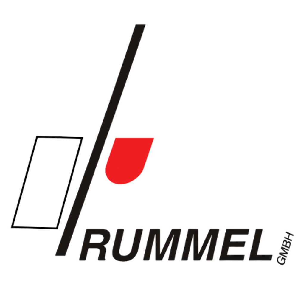 Rummel GmbH Logo: Schwarz-rotes Logo mit einem stilisierten "R" und dem Text "RUMMEL GMBH".