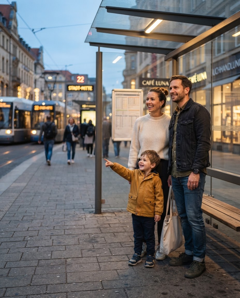Familie an der Bushaltestelle blickt zur Display-Stele