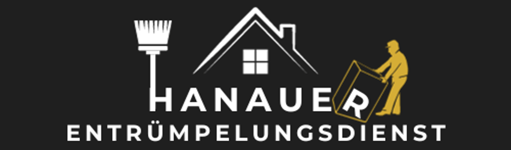 Logo für Hanauer Entrümpelungsdienst mit Pinsel, Hausdach und Mann, der einen Karton trägt.