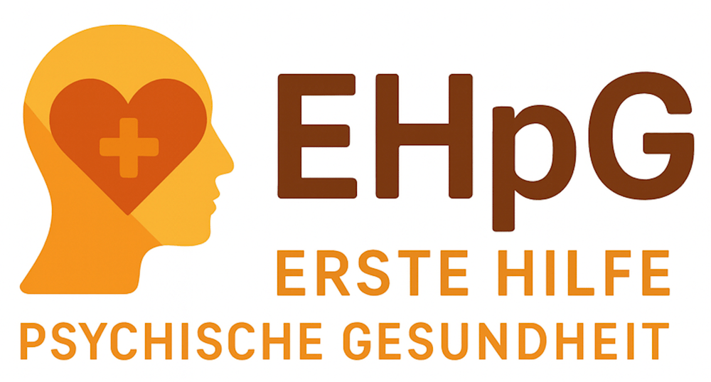 Logo: Gelber menschlicher Kopf mit Herz und Kreuz, daneben "EHpG Erste Hilfe Psychische Gesundheit" in Braun und Orange.