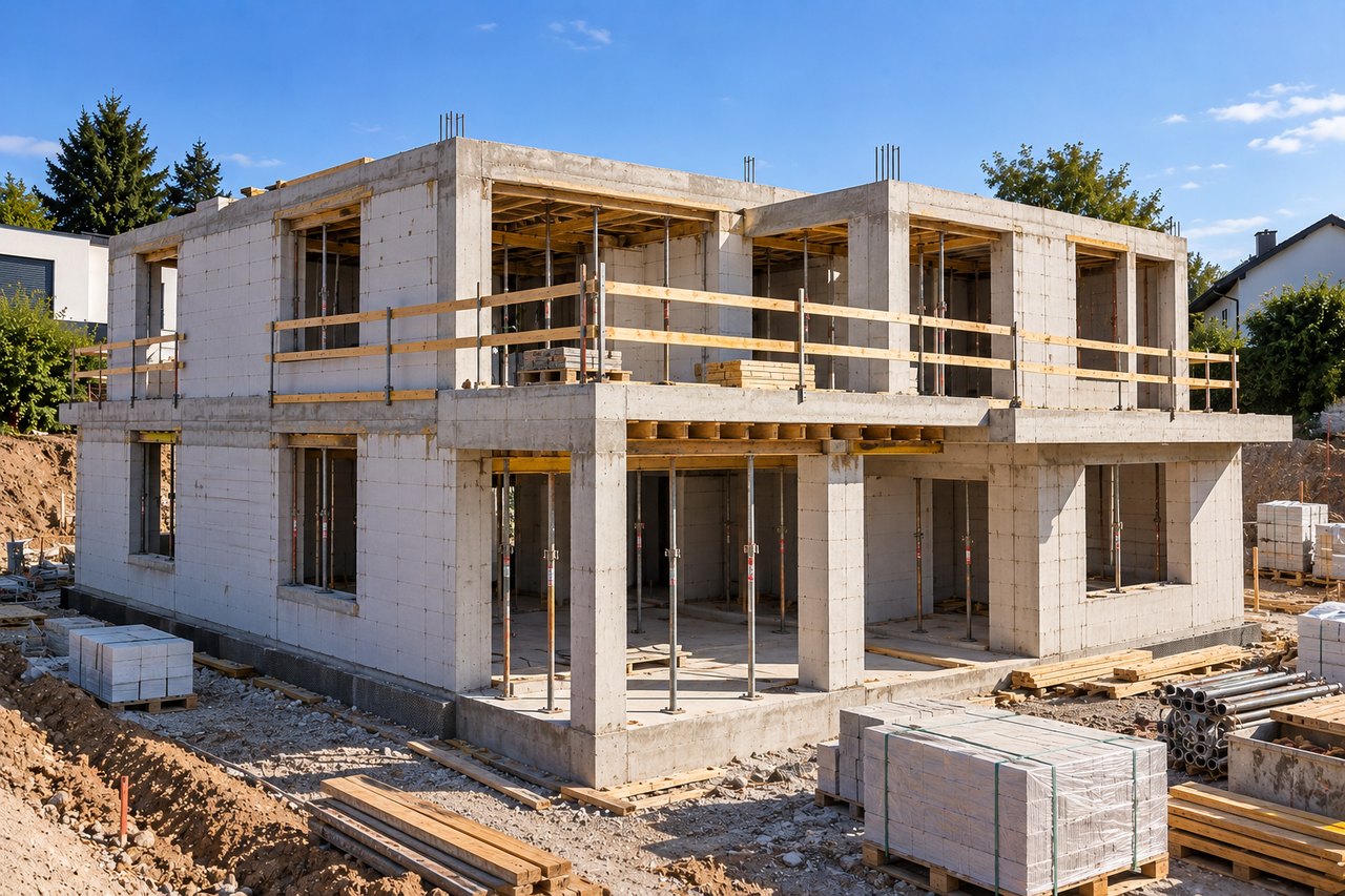 Bauphase 2 – Tragwerk: Betonrohbau über zwei Geschosse mit Deckenstützen