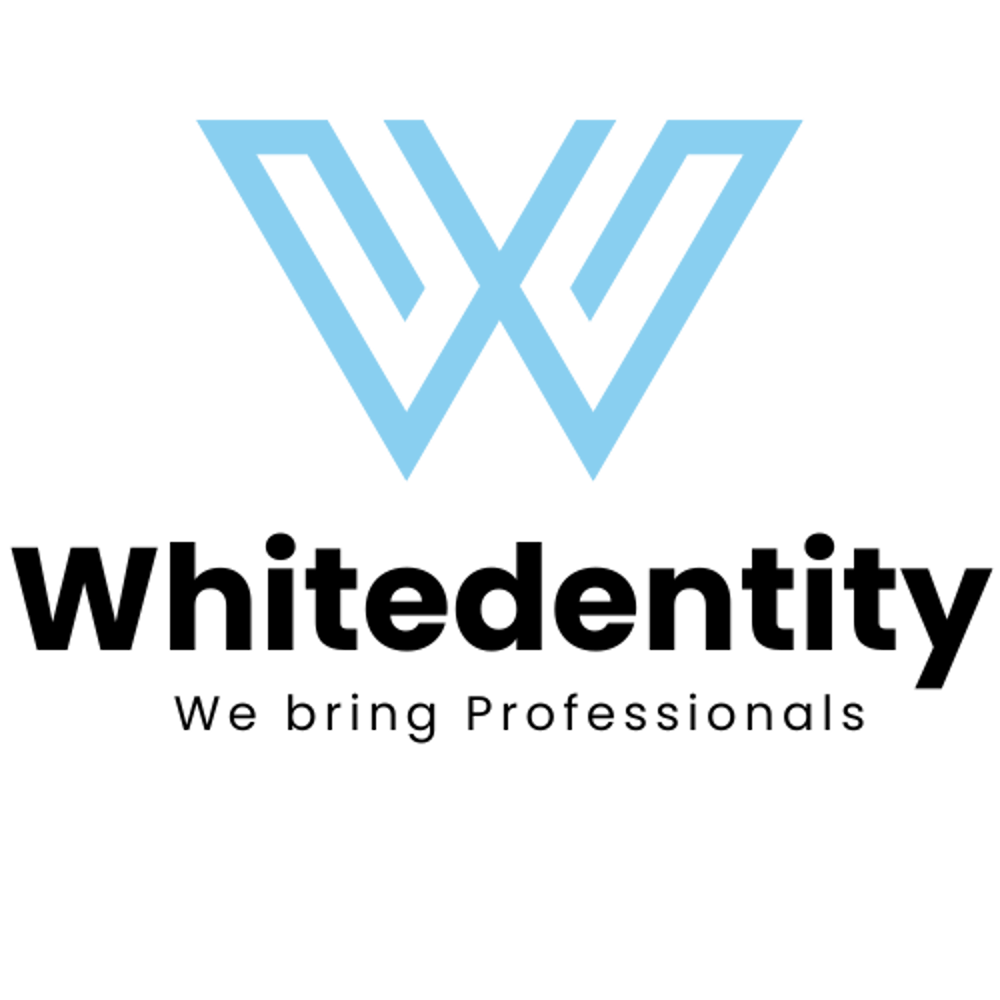 Blaues, stilisiertes "W"-Logo über schwarzem Text "Whitedentity We bring Professionals" auf dunkelgrünem Hintergrund.