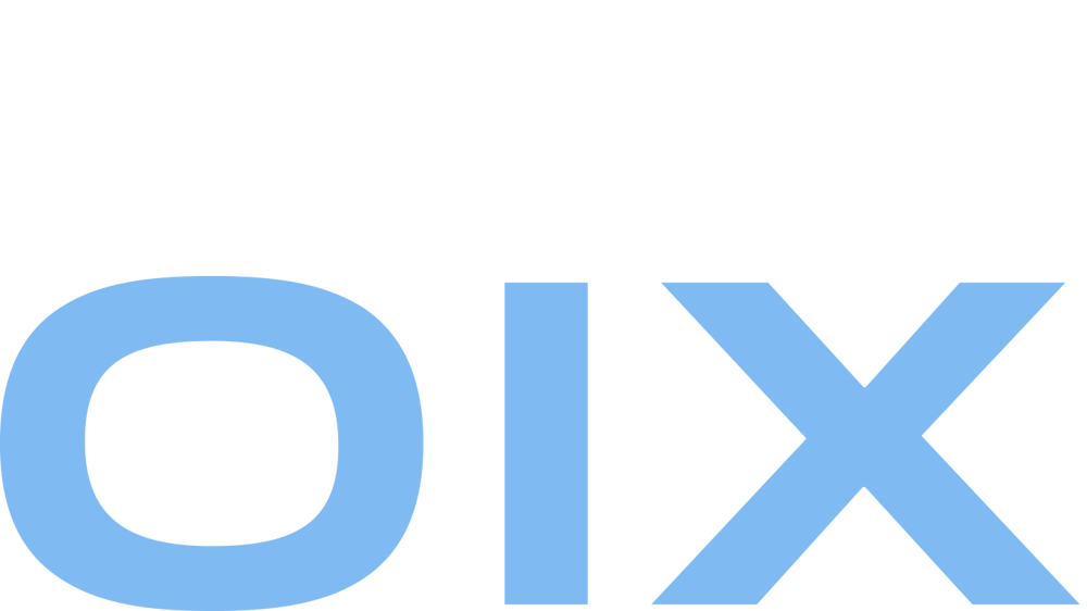Blaues "OIX" Logo auf grauem Hintergrund.