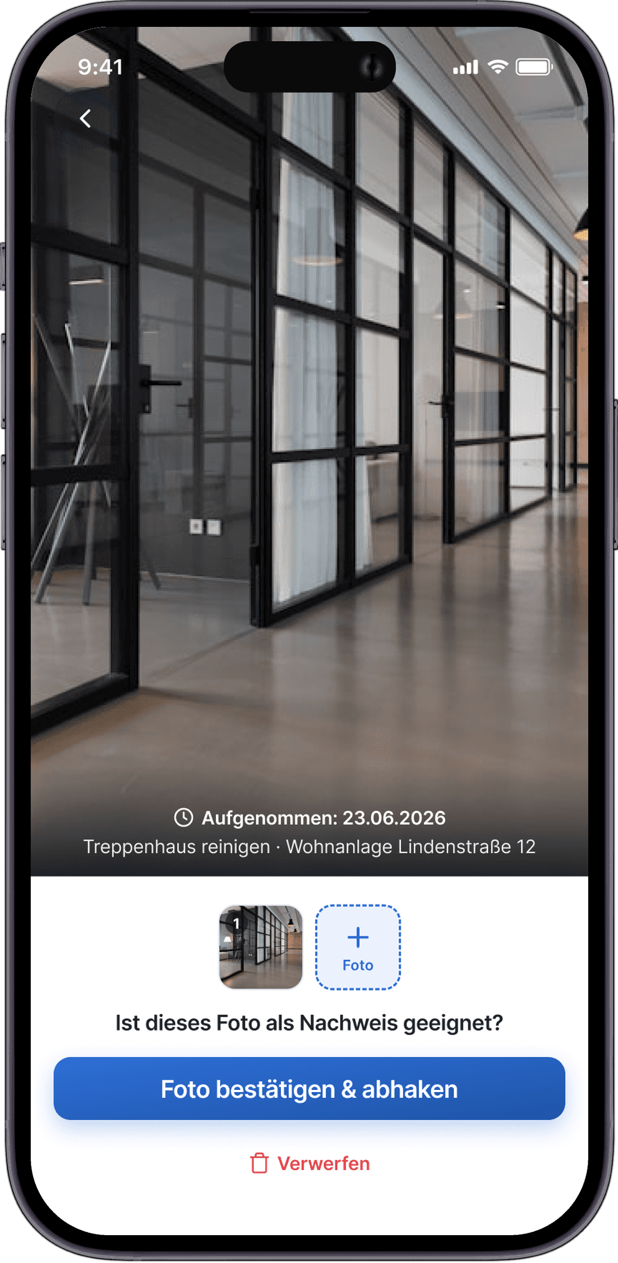 HausmeisterPro Foto-Nachweis: originale vollständige App-Ansicht mit aufgenommenem Foto