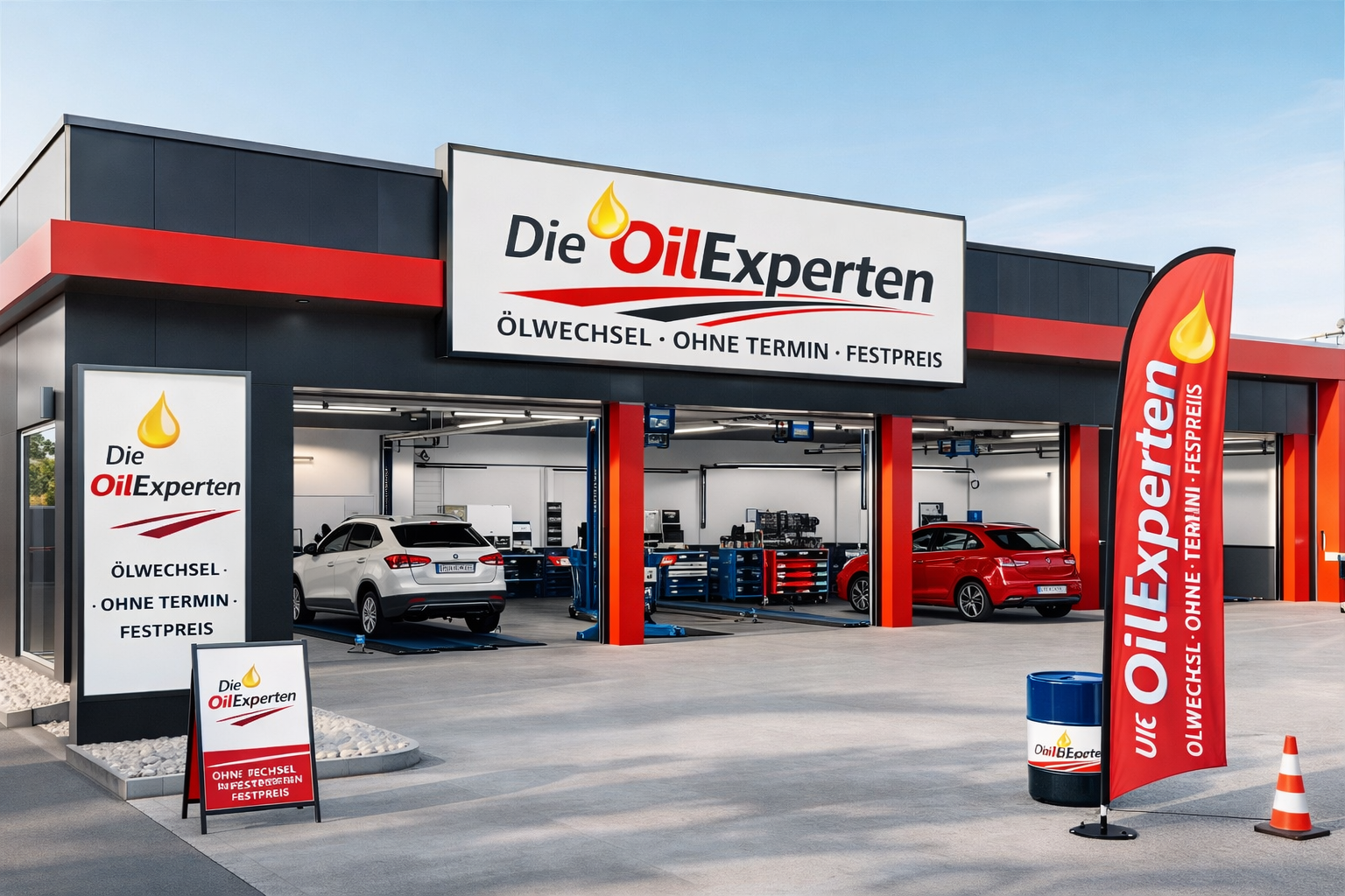 Ölwechsel Werkstatt mit Fahrzeug auf der Hebebühne