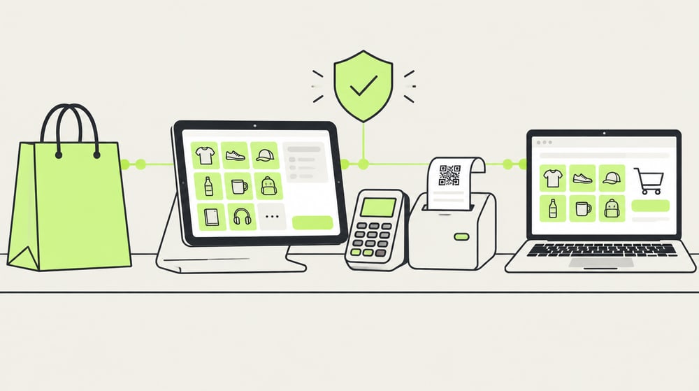 Illustration: Tablet mit Kassenoberfläche, Kartenterminal und Bondrucker mit QR-Code-Beleg auf einer Theke, darüber ein Schild mit Haken in Lime, links eine Einkaufstasche, rechts ein Laptop mit Onlineshop
