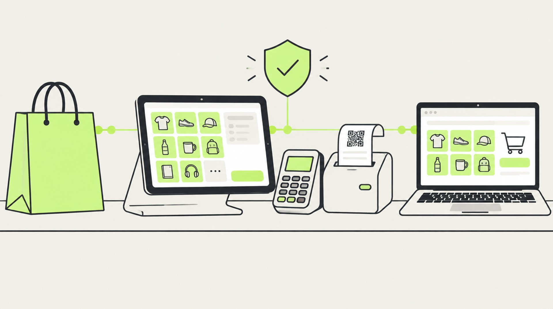 Illustration: Tablet mit Kassenoberfläche, Kartenterminal und Bondrucker mit QR-Code-Beleg auf einer Theke, darüber ein Schild mit Haken, links eine Einkaufstasche, rechts ein Laptop mit Onlineshop, alles über eine Linie verbunden