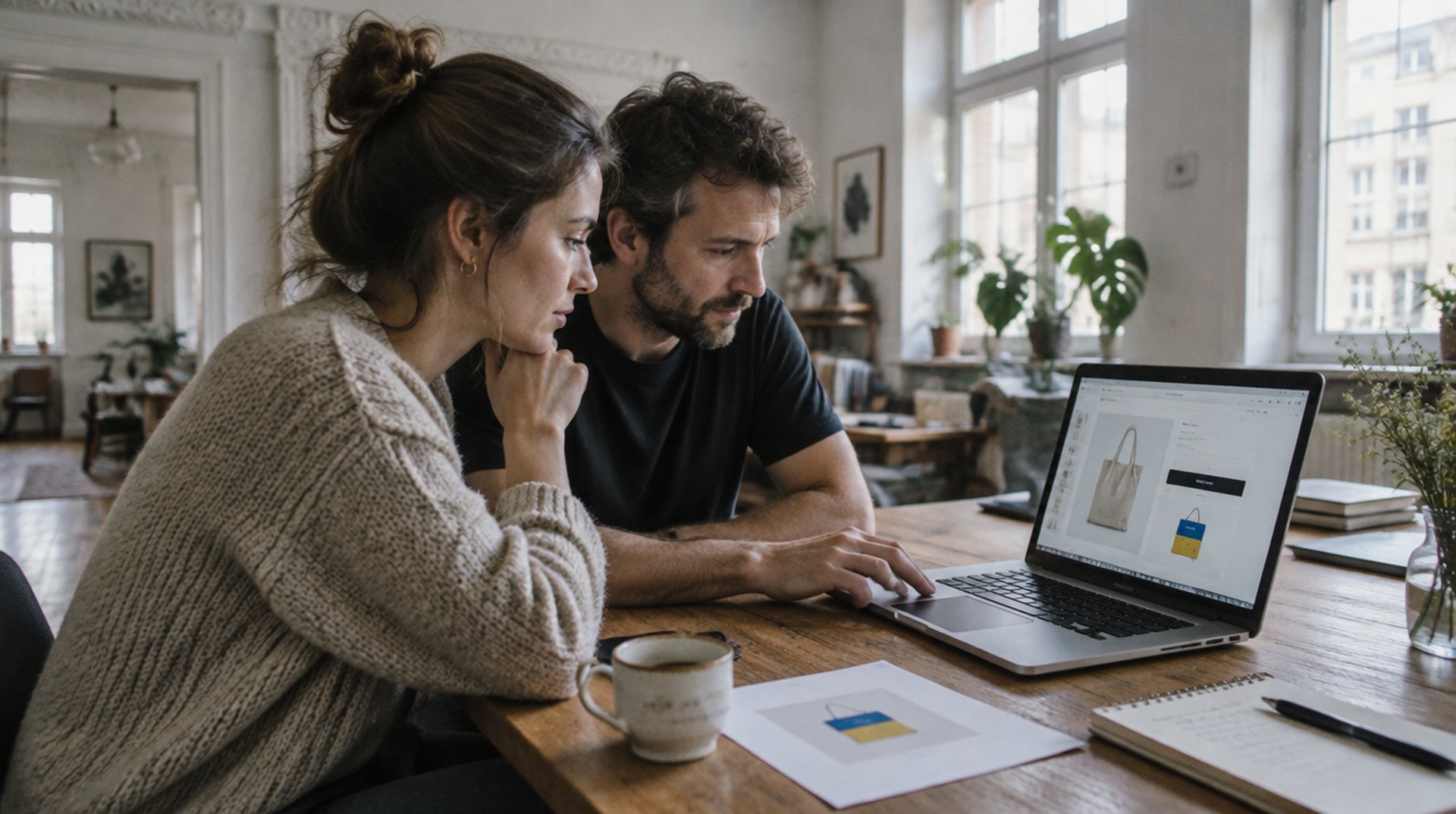 Shop-Inhaberin und Shopify Freelancer prüfen am Laptop eine Produktseite mit dem blau-gelben EU-Gewährleistungslabel