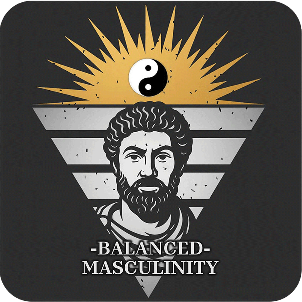Ein bärtiger Mann, umgeben von einem Dreieck und einem Yin-Yang-Symbol, über dem Text "BALANCED MASCULINITY" steht.