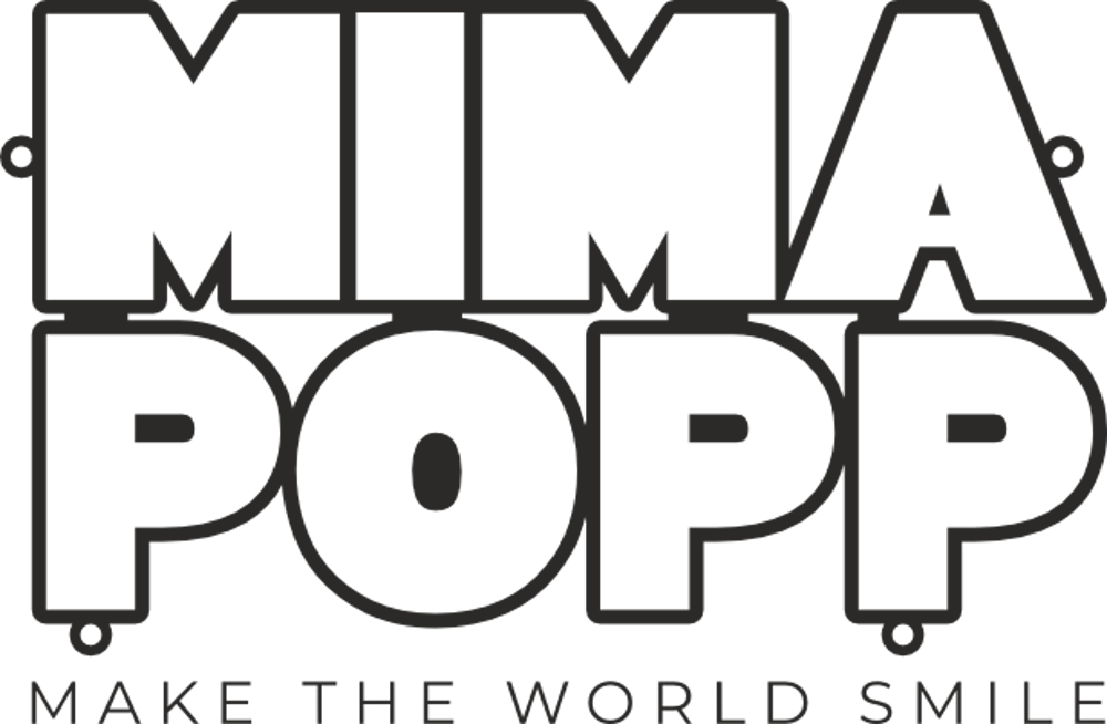 Mima Popp Logo mit dem Slogan "Make the World Smile".