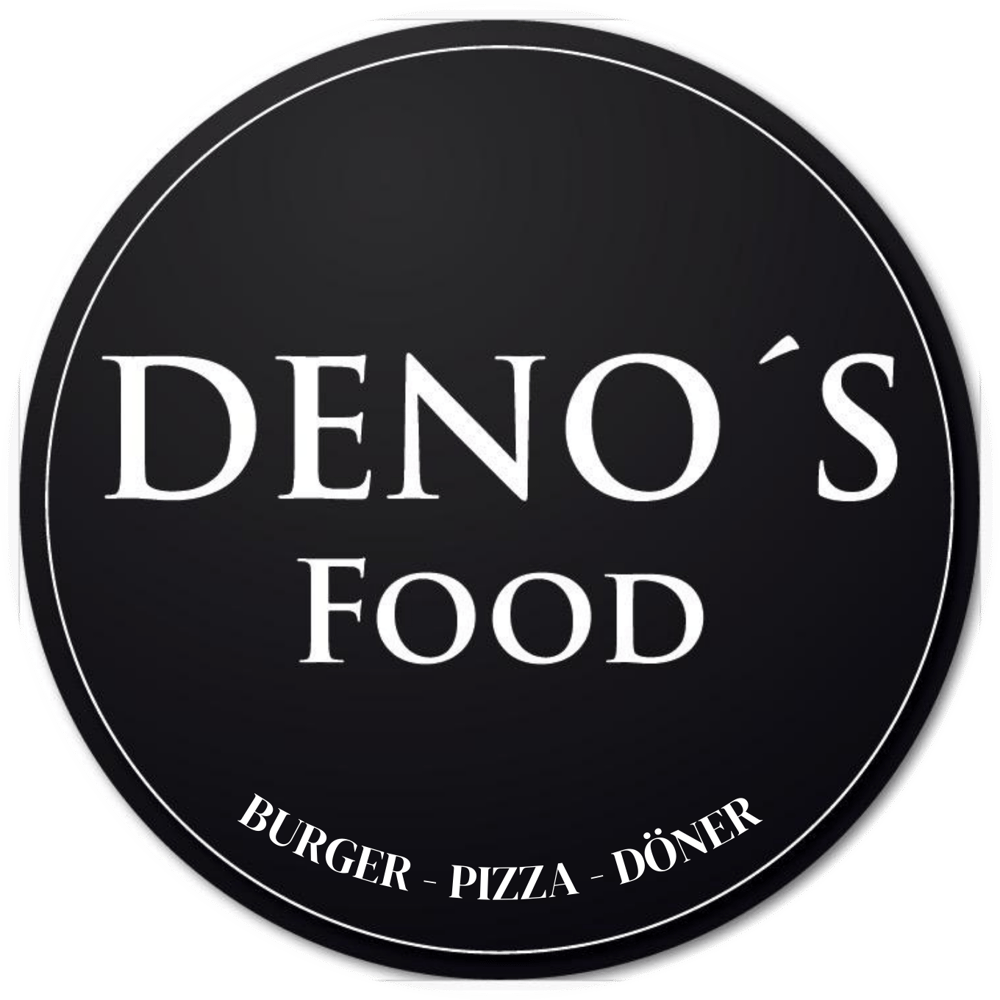 Schwarzes, rundes Logo mit weißem Text "DENO'S FOOD" und kleinerem Text "BURGER - PIZZA - DÖNER".