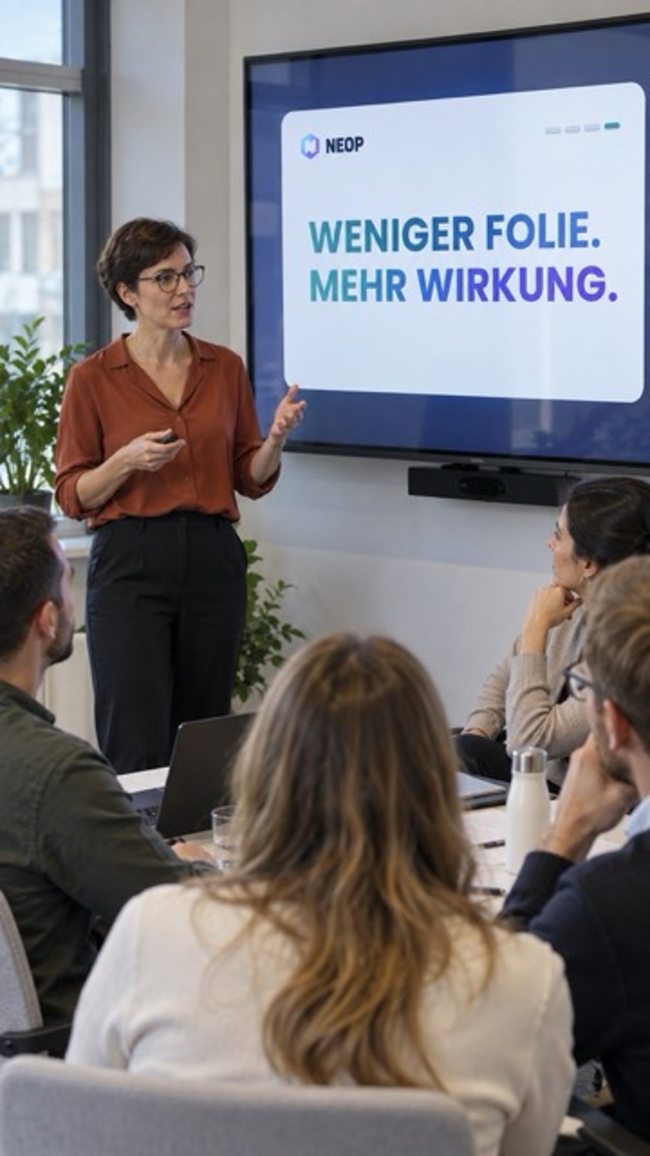Frau präsentiert vor Teilnehmenden die Folie „Weniger Folie. Mehr Wirkung.“
