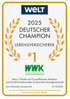 Goldgerahmtes Zertifikat "WELT 2025 DEUTSCHER CHAMPION LEBENSVERSICHERER #1" für WWK Versicherungen.