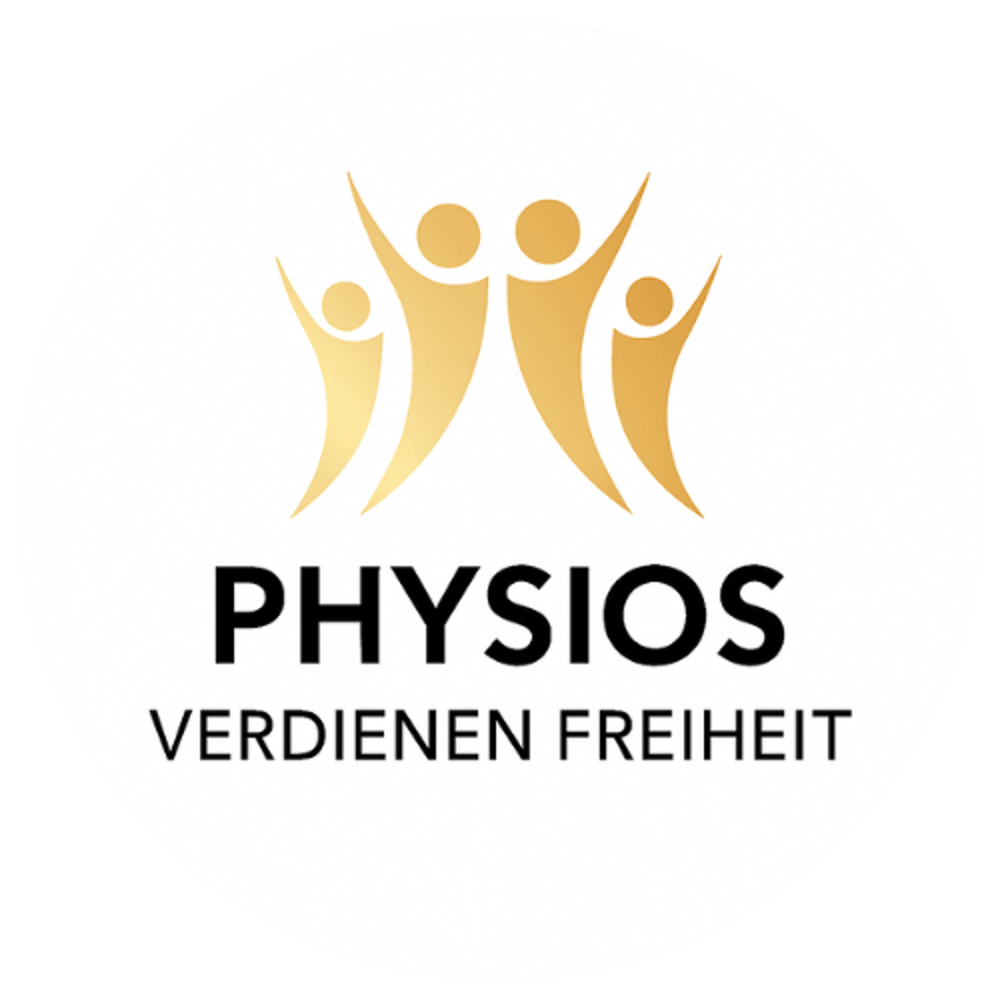 Weißes Logo mit goldenen, stilisierten Figuren und dem schwarzen Text "PHYSIOS VERDIENEN FREIHEIT".