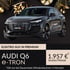 Dunkelgrauer Audi Q6 e-tron Elektro-SUV; Text: "ELEKTRO-SUV IN PREMIUM AUDI Q6 e-TRON 1.957 € brutto/Monat"