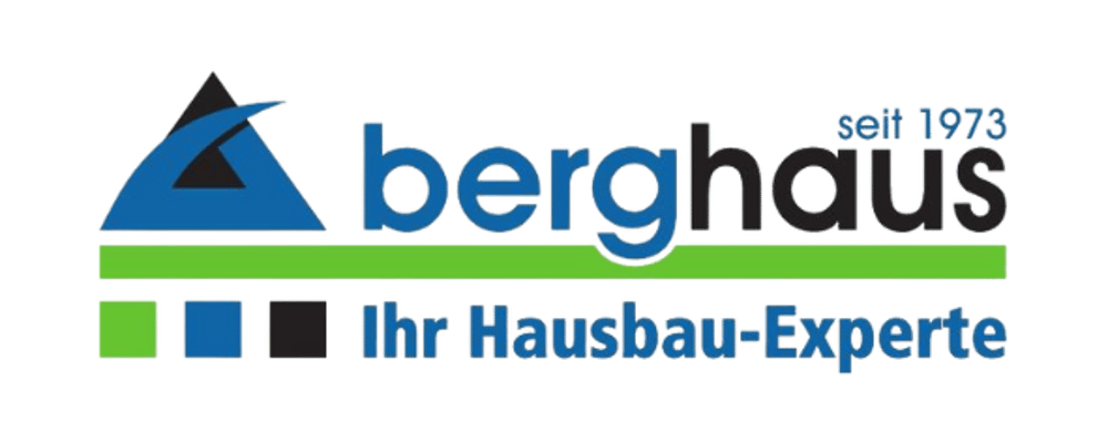 Logo für "berghaus seit 1973 Ihr Hausbau-Experte" mit stilisiertem Berg und drei farbigen Quadraten.