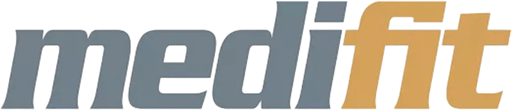 Das Logo zeigt das Wort "mediFit", wobei "medi" in Grau und "Fit" in Orange gehalten ist.