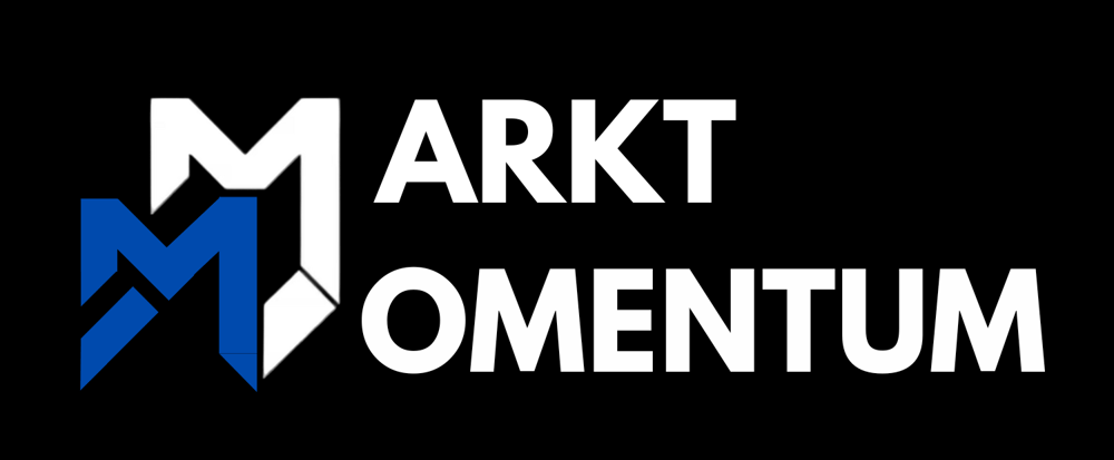 Markt Momentum Logo mit zwei ineinandergreifenden M-Symbolen in Blau und Weiß auf schwarzem Hintergrund.