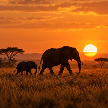 Elephant mother and calf silhouetted at sunset