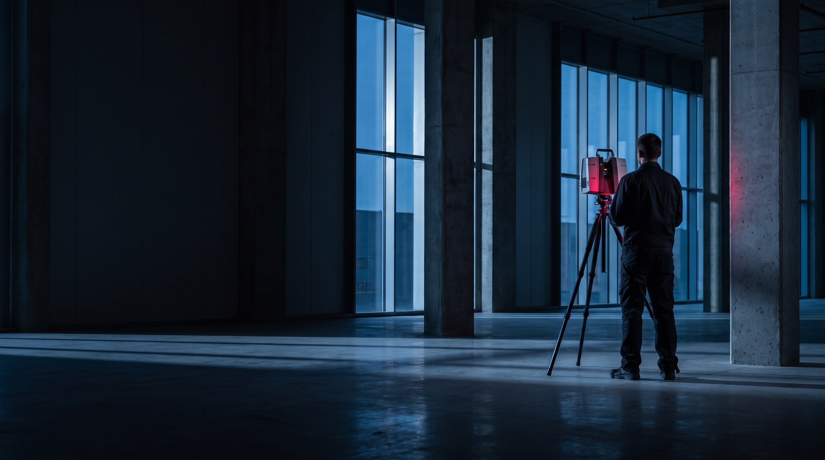 Scan-Techniker mit 3D-Laserscanner in einer leeren Gewerbefläche