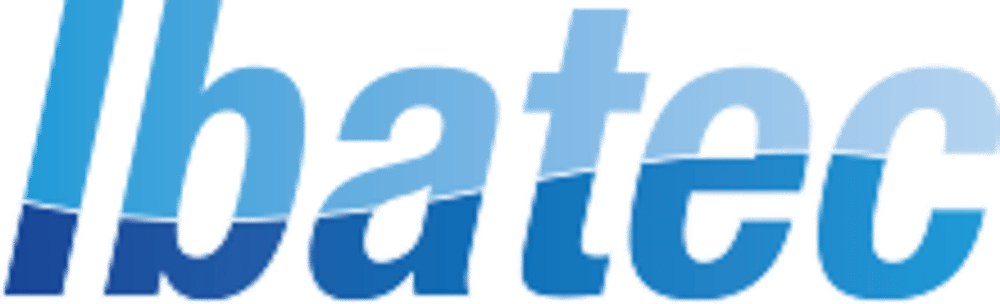 Blaues "Ibatec"-Logo in zwei Blautönen, hell oben, dunkel unten, mit einer wellenförmigen Linie.