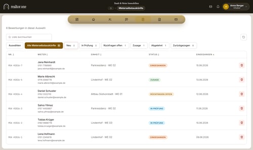 Bewerbungsliste mit Status und KI-Einschätzung