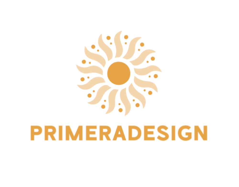 Primeradesign Logo mit einer stilisierten gelben Sonne und kreisförmig angeordneten Wellenstrahlen auf weißem Grund.