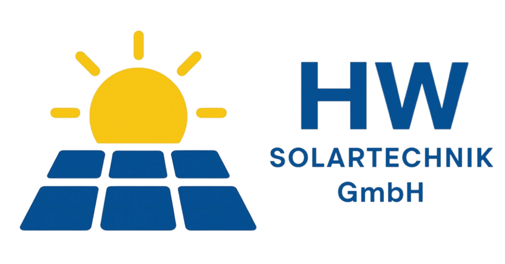 Logo: Gelbe Sonne über blauen Solarmodulen, daneben blauer Text "HW Solartechnik GmbH".