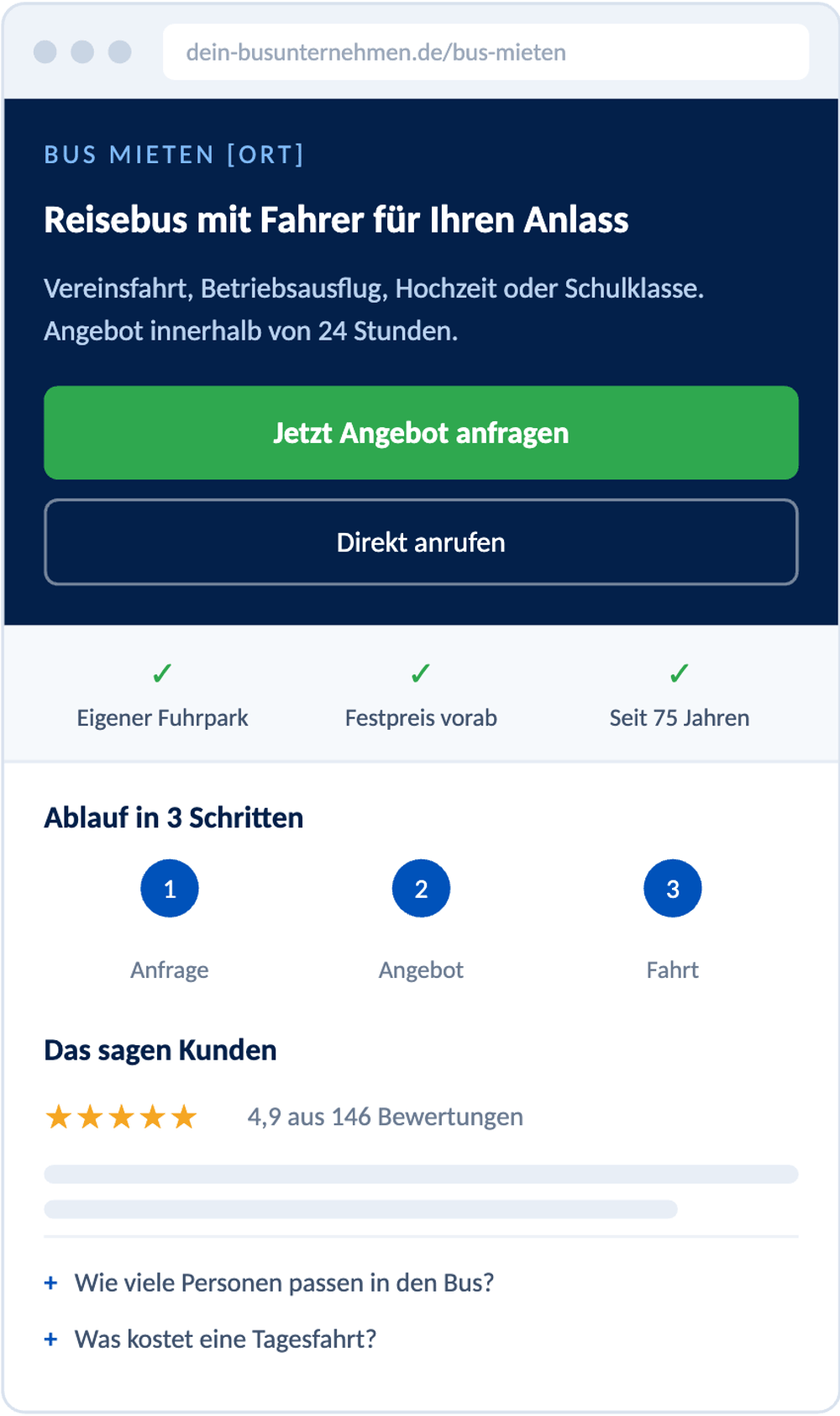 Aufbau der Landingpage für Bus mieten mit Fahrer