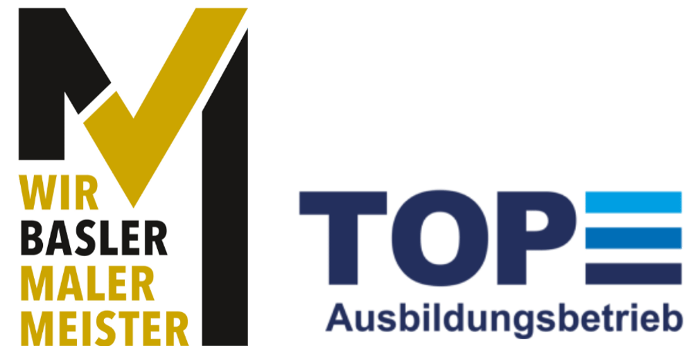 Logo "WIR BASLER MALER MEISTER" und "TOP Ausbildungsbetrieb" mit stilisiertem M und drei horizontalen Linien.