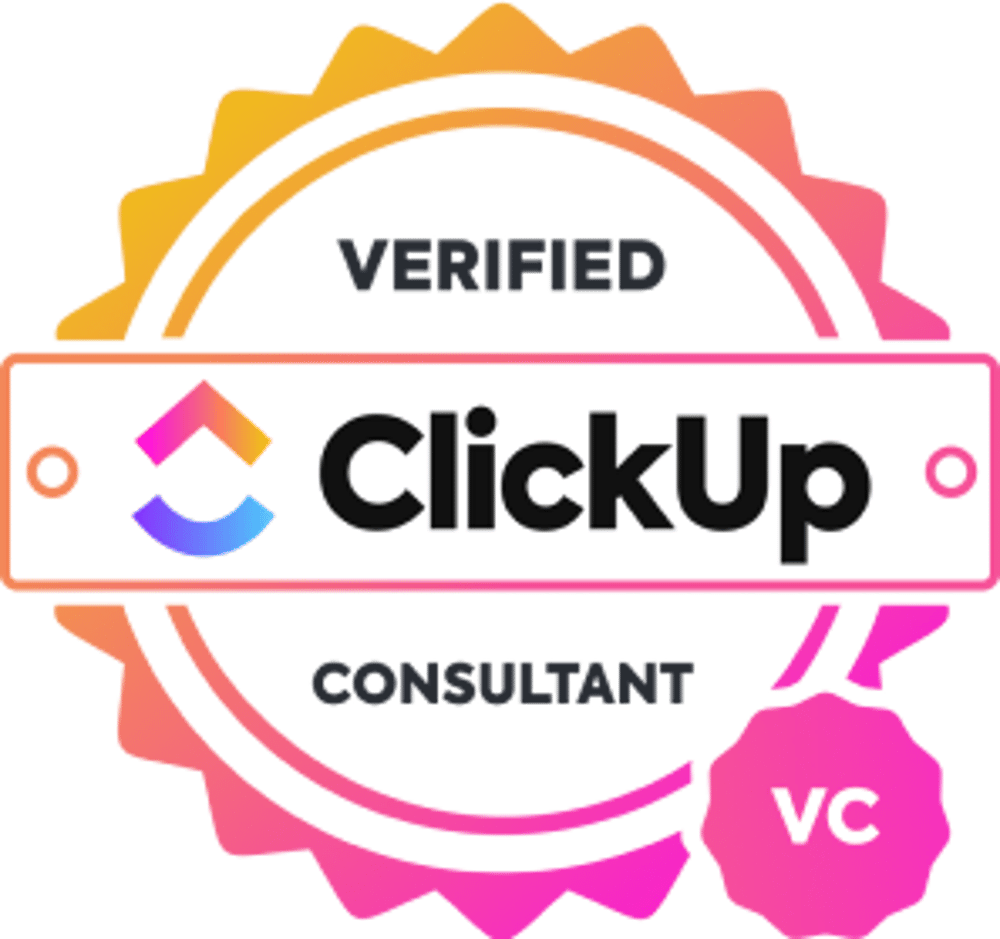 Verifizierter ClickUp Berater-Abzeichen in Orange und Rosa mit dem ClickUp Logo.