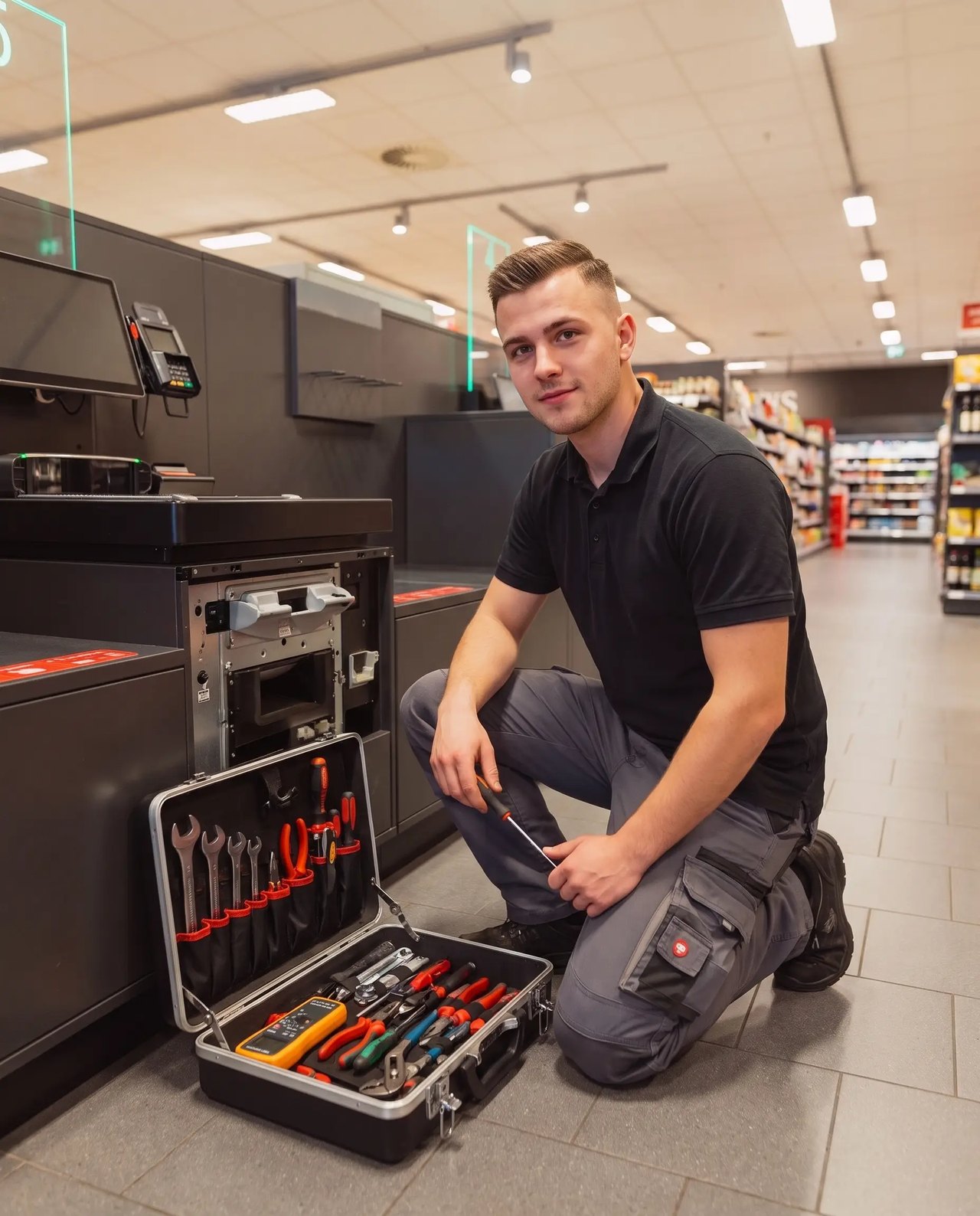 Servicetechniker an einem geöffneten Kassensystem im Markt