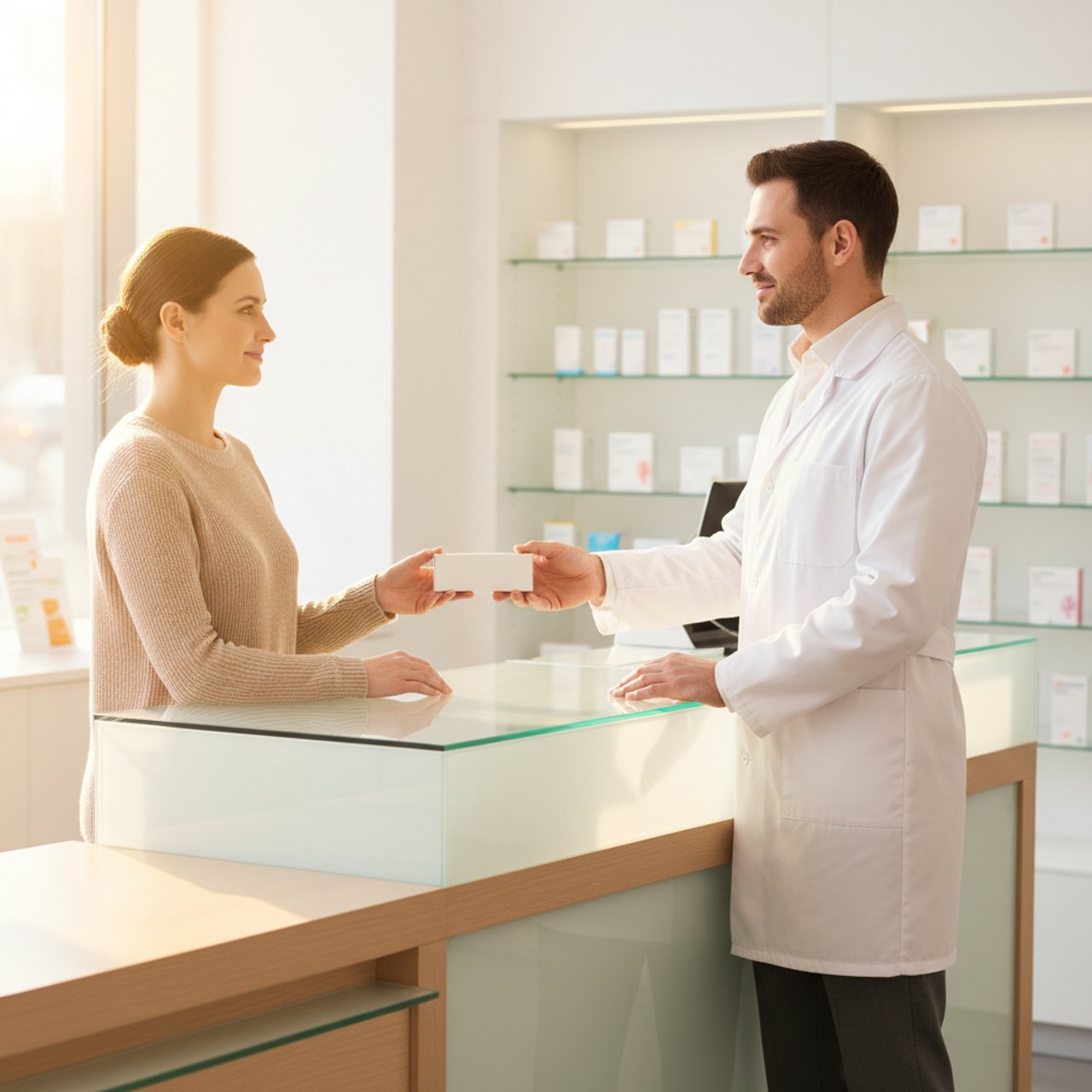 Apotheker gibt einer Kundin ein Medikament mit